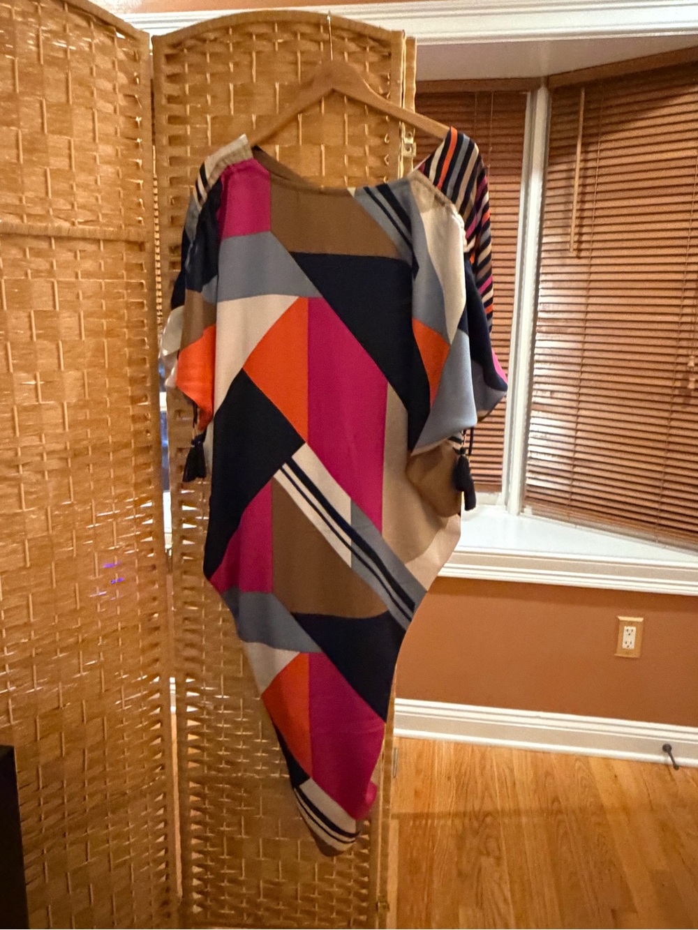 Trina Turk Asymmetrical Geometric Dress in Fuchsia, Navy & Tan